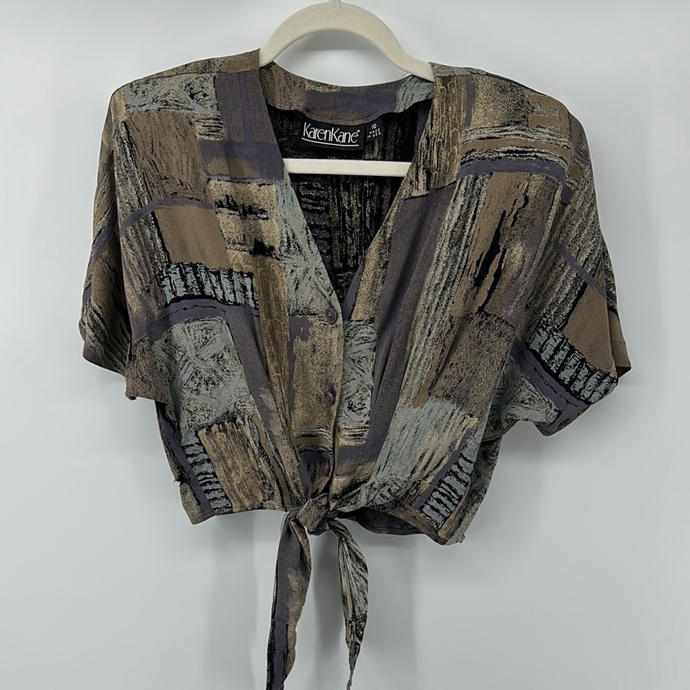 VTG‎ 80s Karen Kane Retro Revival Blouse, S/S Abstract Pattern, Tie FrontSz10